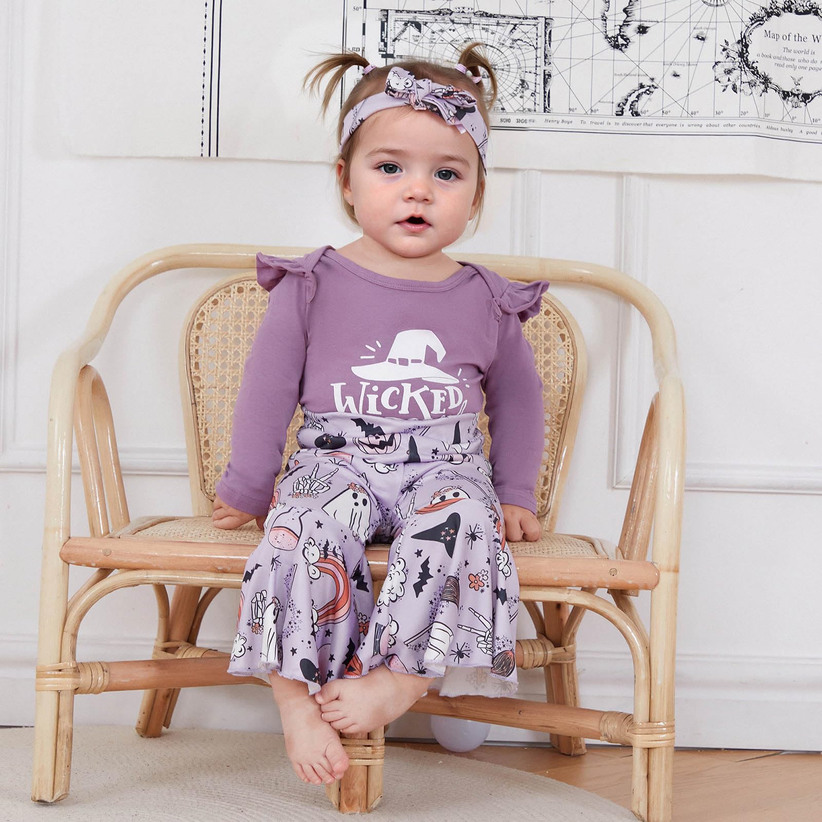 Newborn Baby Girl Halloween Outfits Ghost Long Sleeve Romper Pumpkin Print Flare Pants Headband 3Pcs Clothes Sets (Ghost Purple, 0-3 Months)