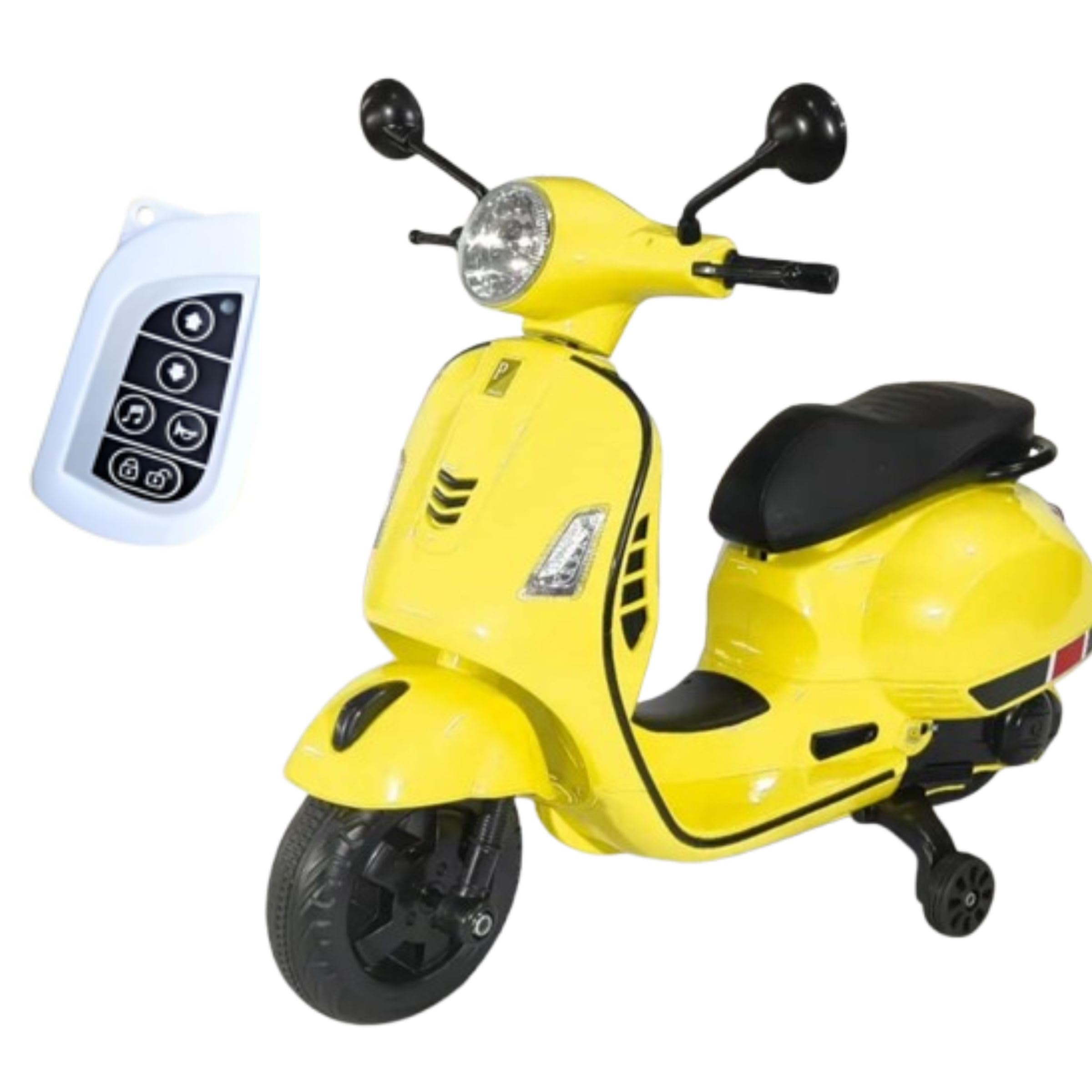 12V Vespa Rechargeable Battery Ride-On Scooter for Kids with Remote Control, Music, LED Lights & Training Wheels - Safe & Fun Electric Motorcycle for Ages 1-6 - Yellow