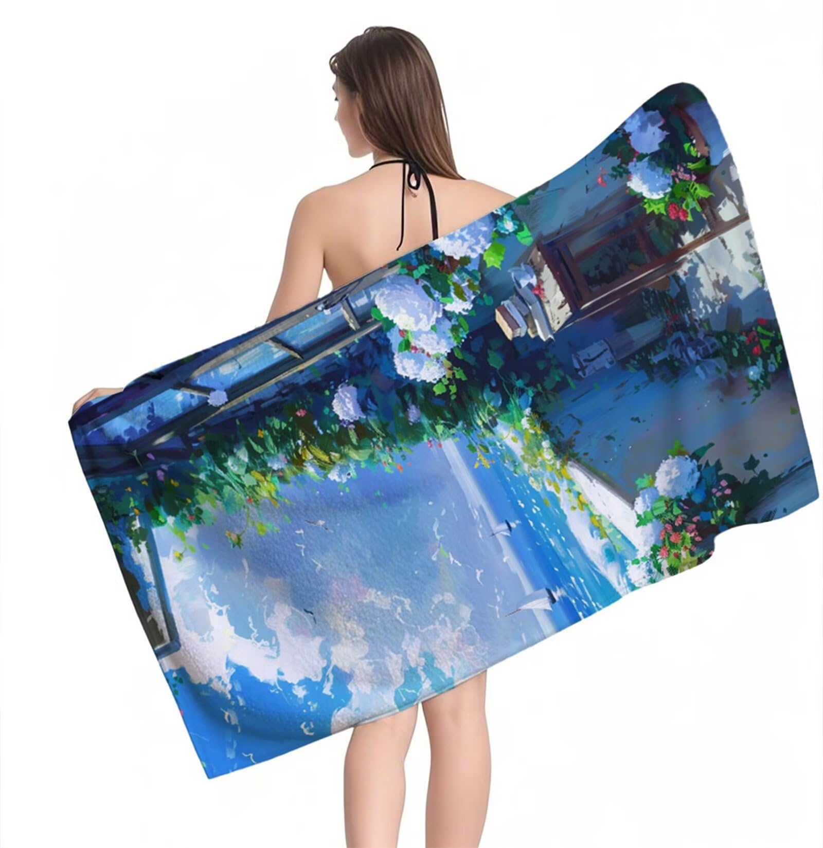 Ręcznik plażowy z mikrofibry 220 x 100 cm duży ręcznik kąpielowy kwiatowy łódź mata plażowa anty piasek, ręczniki sportowe, szybkoschnące, kompaktowe i lekkie, do sportu, podróży, sauny, basenu Y1-751