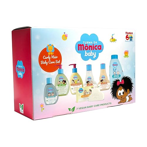 TURMA DA MÔNICA Set de regalo para el cuidado del bebé (cabello rizado) - 7 productos de tamaño completo - 100% vegano - SIN parabenos, tintes o