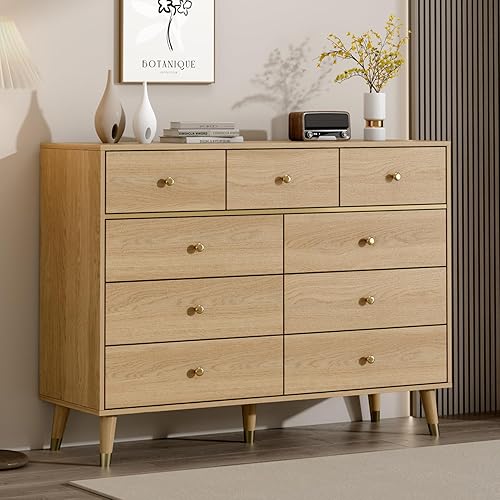 Miniatura 10 de Cómoda de 9 Cajones, 63" de Ancho Cómoda Moderna de Mediados de Siglo, Cómoda de Cajones de Dormitorio de Madera con 9 Cajones de Almacenamiento