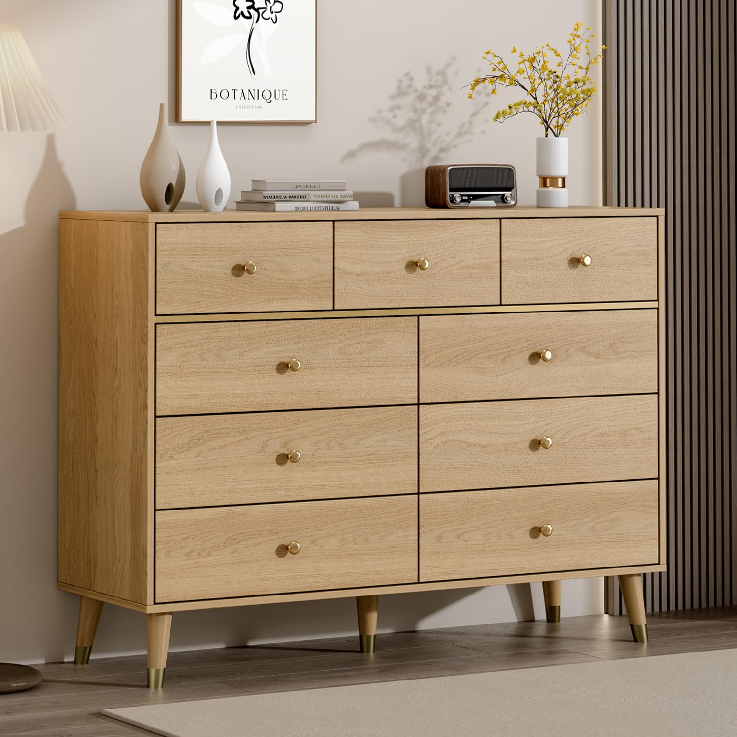 9 Drawers Dresser for Bedroom,35.4" Tall Wood Rustic Modern Chest of Drawers with Natural Texture,with Anti-Tipping Device, Storage Dressers Organizer for Bedroom, Living Room,Oak