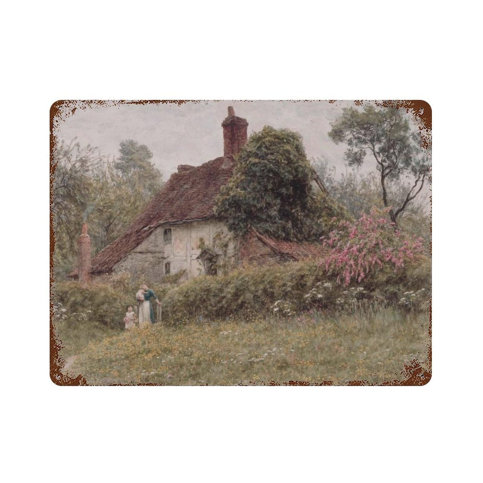 xiaoxiaoshen Vintage Country Cottage Oil Painting, Rural Landscape Wall Decor Art Metal Tin Poster Modern Home Decor Art Home Bar Shop Decorations Vintage Sign 30x40cm