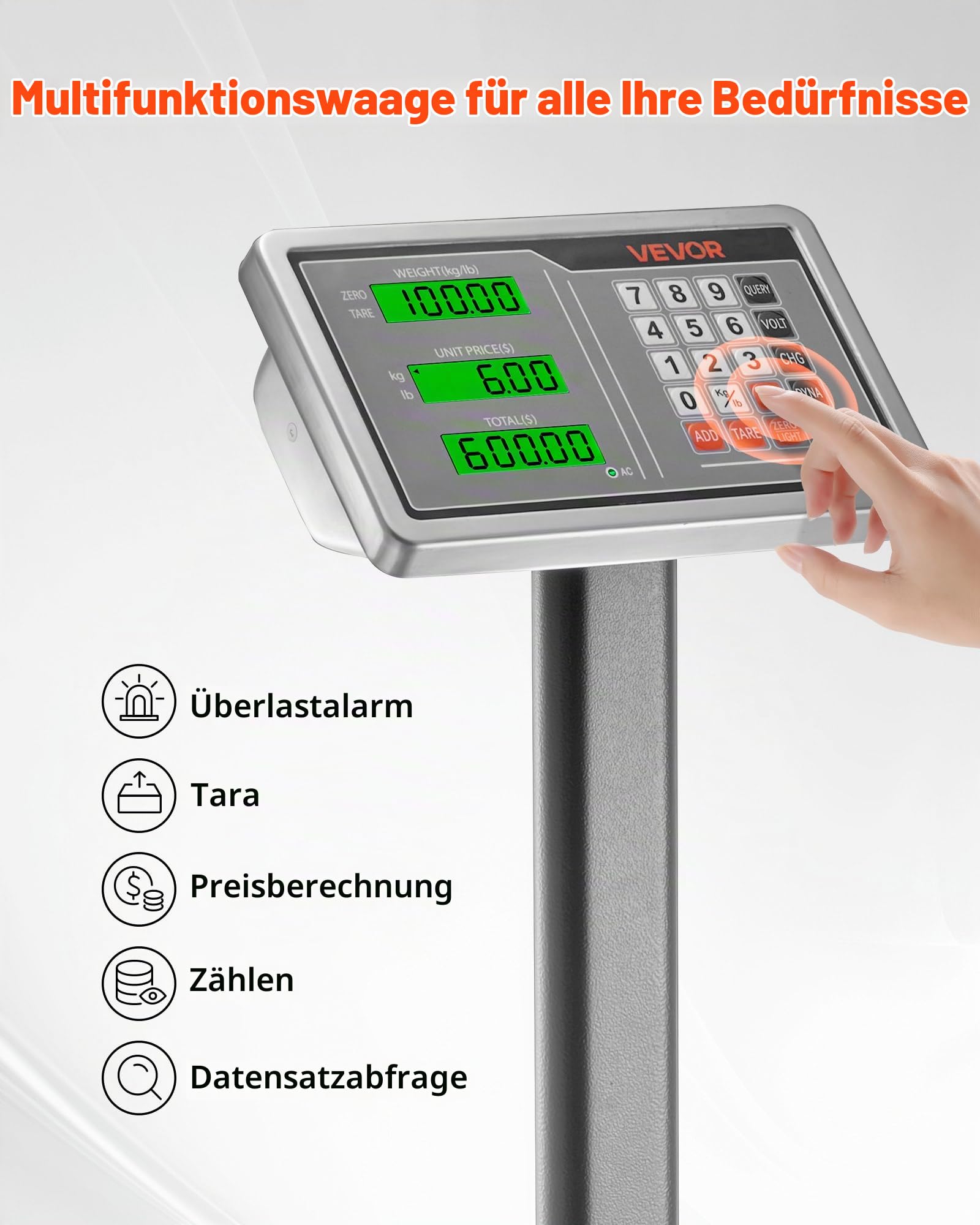 VEVOR Digitale Plattformwaage, 300 kg Tragkraft, 50 g hohe Genauigkeit, elektronische Bodenwaage mit LB/KG, Tara, Preisrechner, AC/DC-Stromversorgung, geeignet für Gepäck, Versand, Pakete, Porto