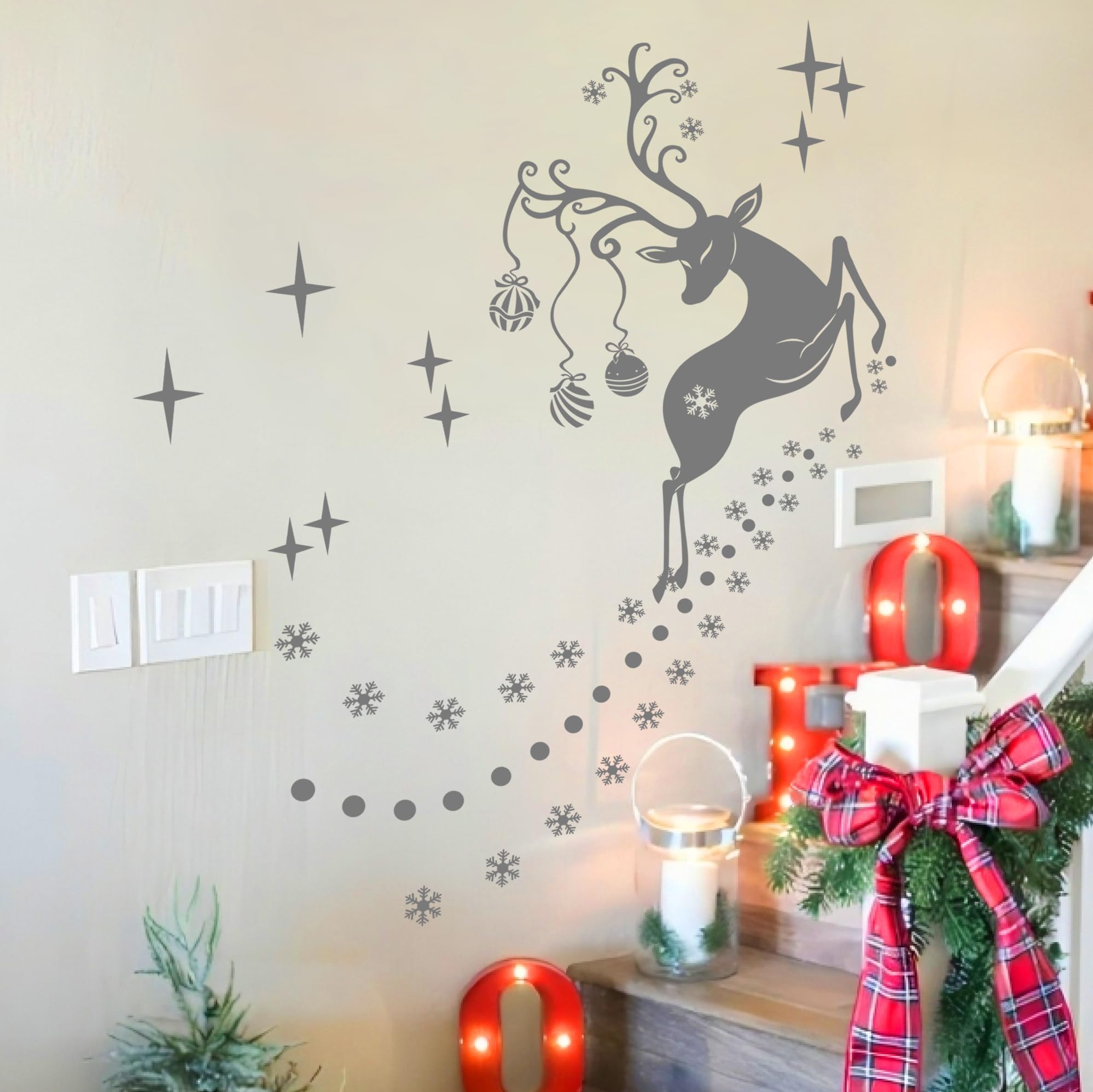 Durable Vinyl Christmas Wall Stickers, Double Sided Santa Reindeer Snowflake Decorations, Removable 55x80cm Rudolf Xmas Window Decals for Home Office Shop Party Décor, for 1.5-2M Wall, Light Grey