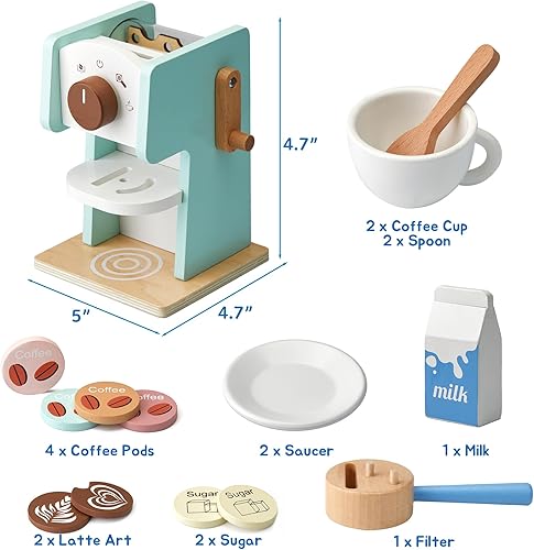 Miniatura 5 de Cafetera de juguete para niños con molinillo, juego de 15 piezas de cafetera de madera, juguetes de madera para niños, accesorios de cocina, regalo