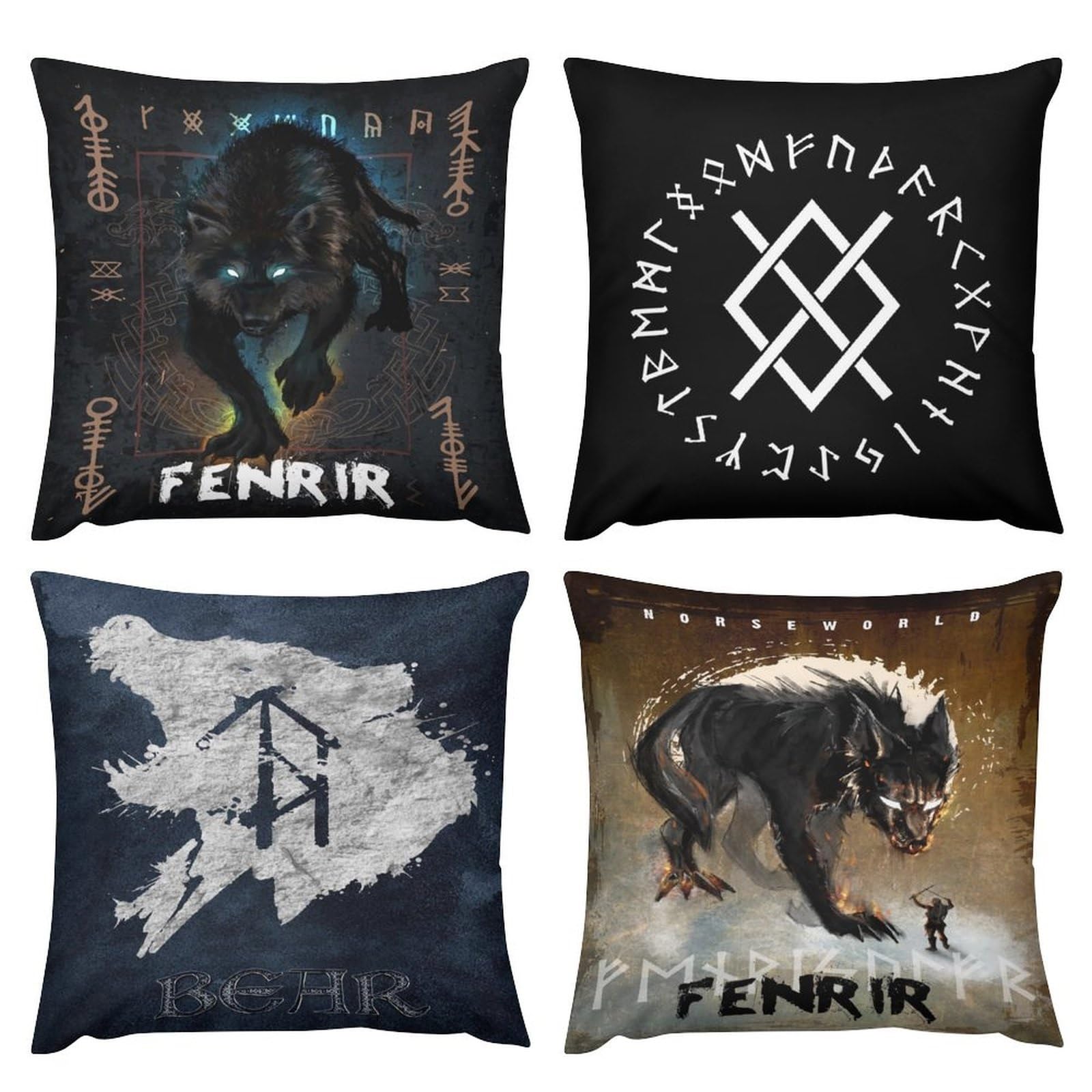 Lot de 4 housses de coussin Fenrir Wolf Viking 56x56 cm