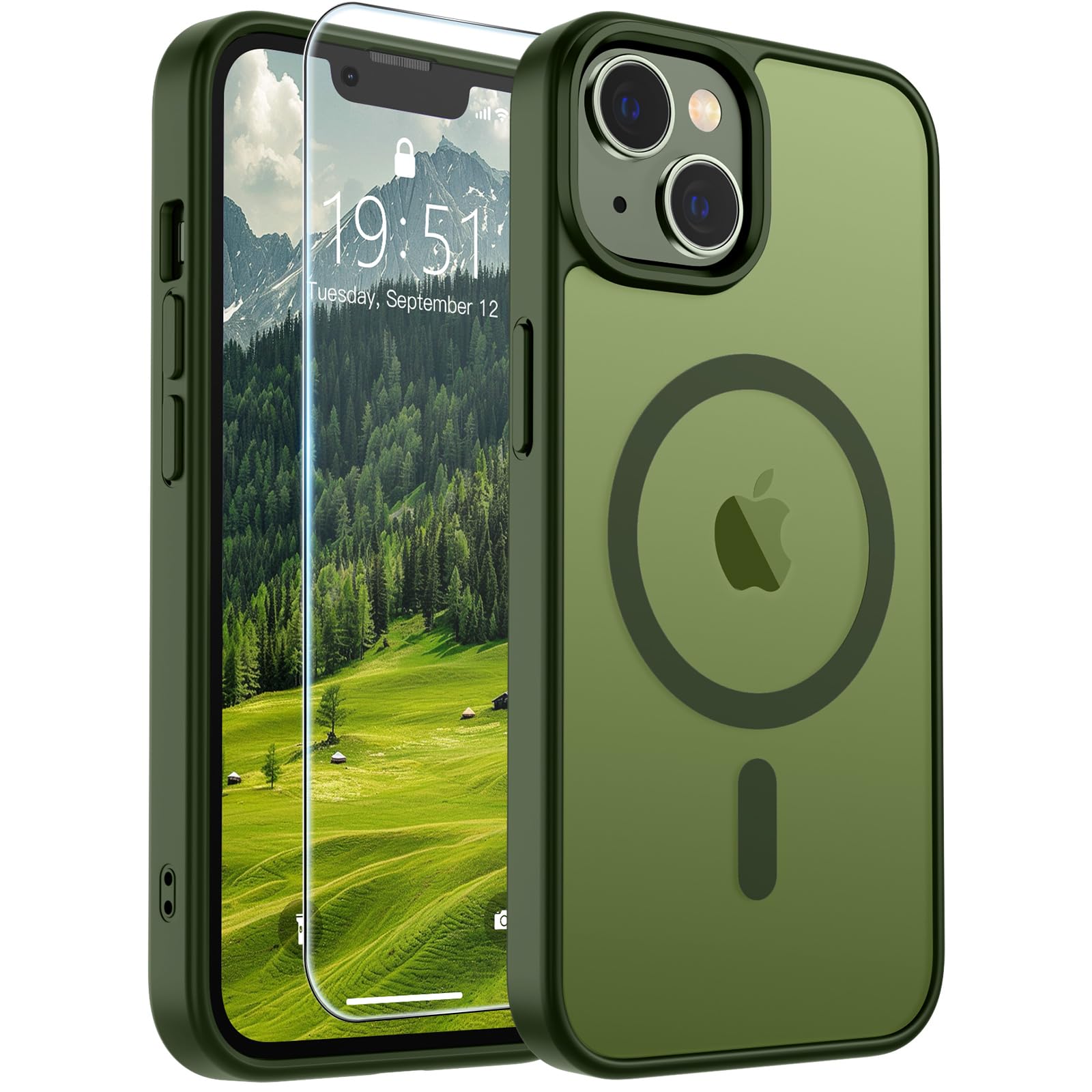SUPFINE Magnetic for iPhone 14 Plus Case/iPhone 15 Plus Case Cangling Green | With Screen Protector, Translucent Matte, Compatible with MagSafe, Military Grade Drop Proof, Rugged Shockproof Protective