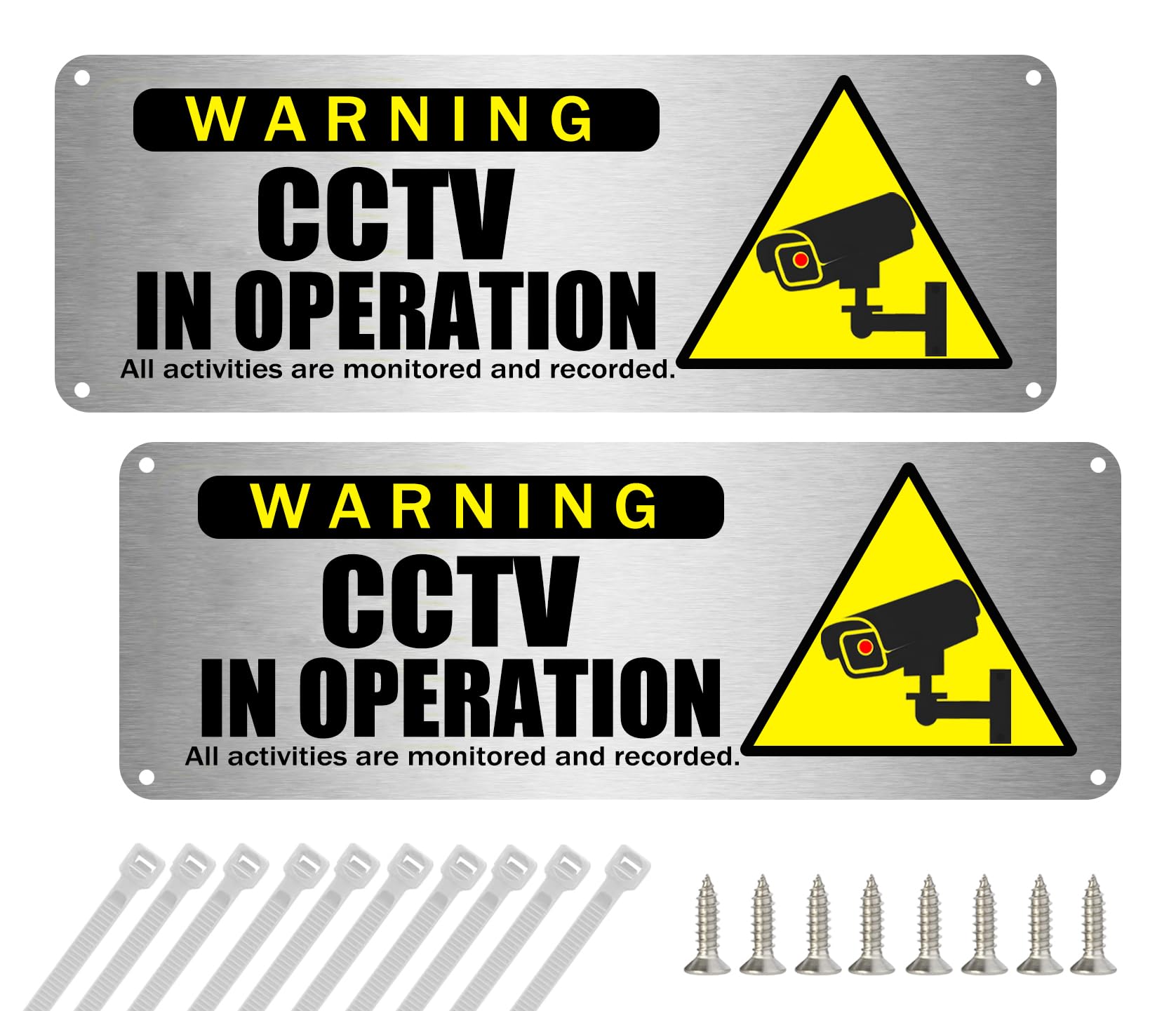 Yitla2-PACK CCTV in Operation Sign,25 x 9cm Brushed Aluminium CCTV Signs Outdoor CCTV Signs Self Adhesive,Metal CCTV Signs with Screws and Cable Ties for home, Business (25 * 9cm 2pcs)