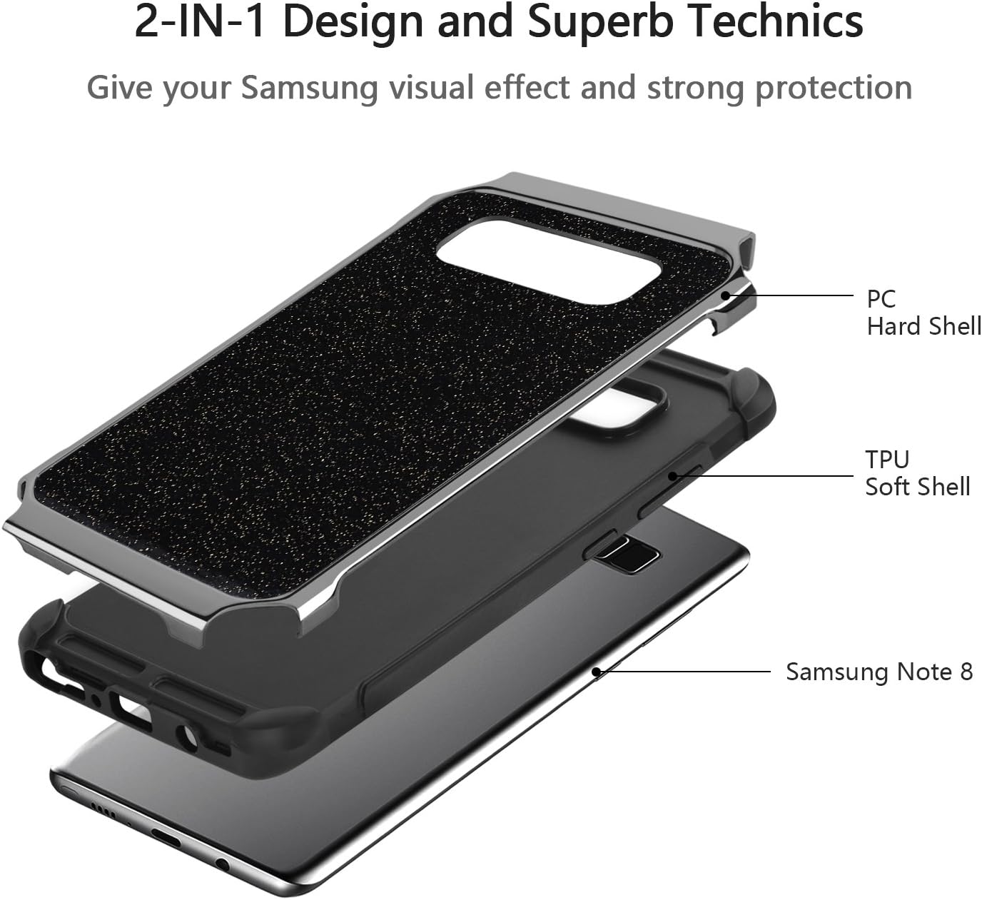 BENTOBEN Note8 Case, Galaxy Note 8 Case, 2 in 1 Glitter Sparkle Bling Hybrid Hard Covers with Shiny Faux Leather Chrome Shockproof Bumper Protective Case for Samsung Galaxy Note 8 (6.3 inch) Black
