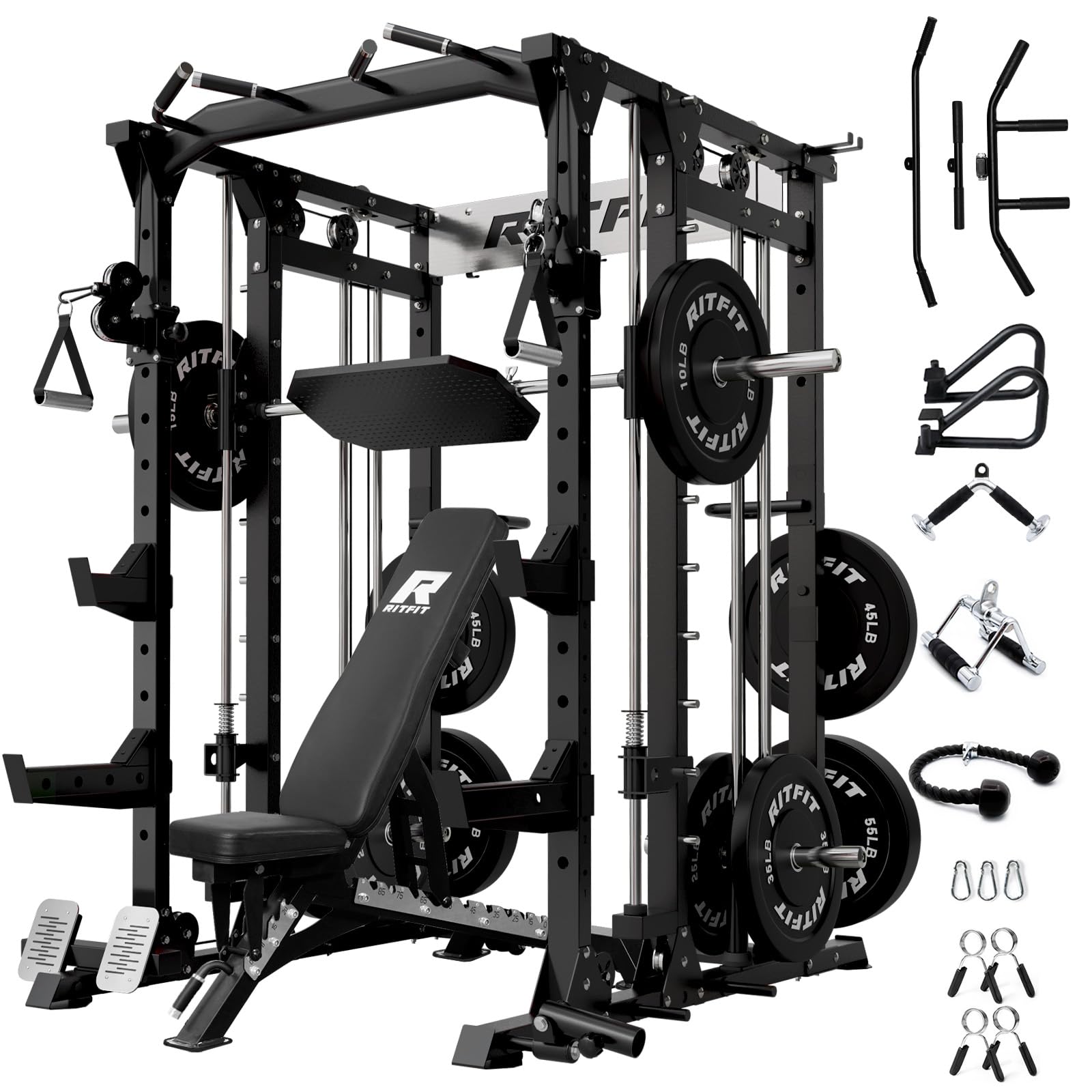 RitFit Buffalo Smith Machine, Power cage with LAT-Pull Down System &amp; Cable Crossover System, All-in-One Squat Rack for Home Gym, Power Rack