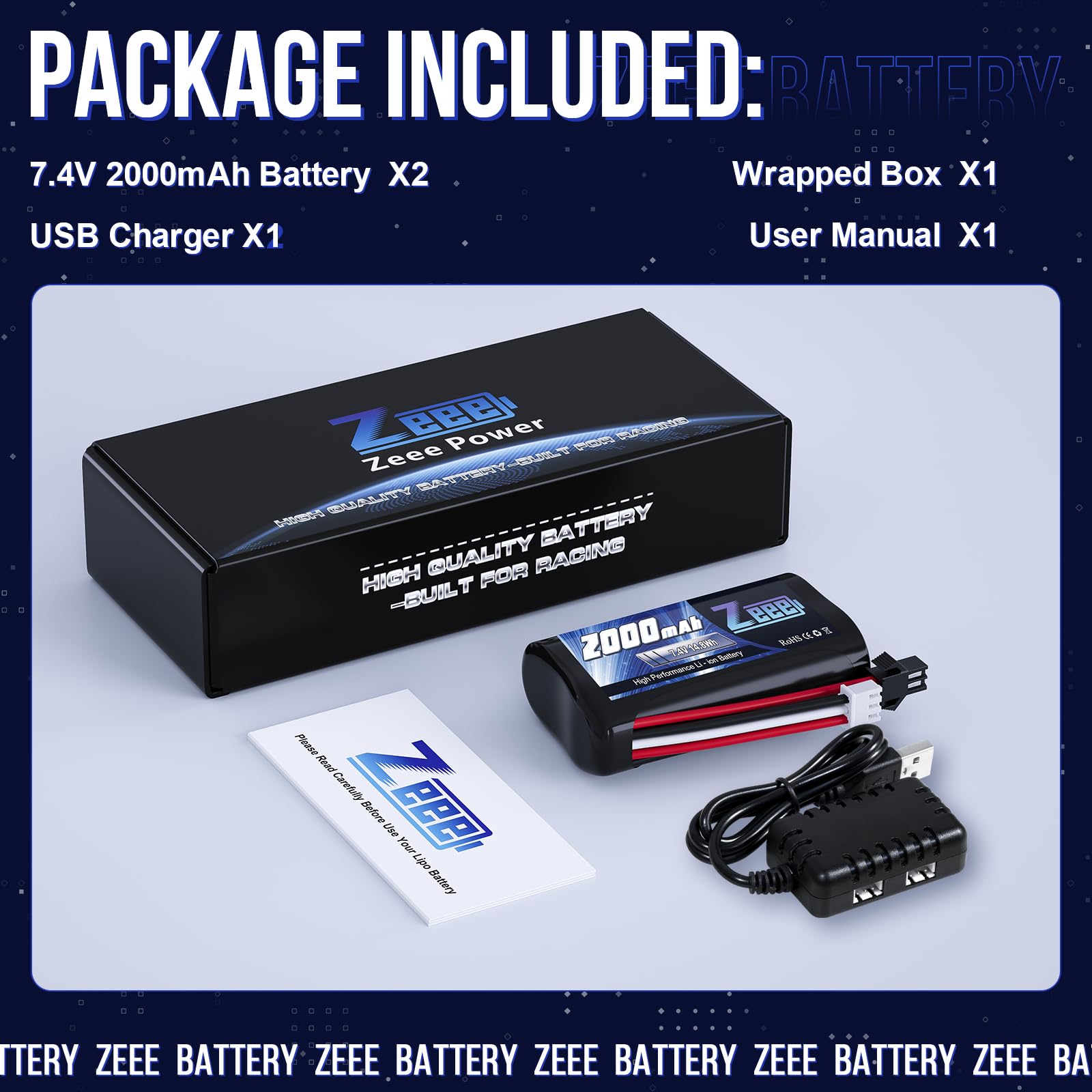 Zeee 2S Li-Ion Batteria 7.4V 2000mAh con Spina SM2P e Caricatore USB da 2 Pezzi Compatibile con RC Auto MN D90/91, MN 99/99s, H101 H103 H105 RC Boat RC Truck (2 pezzi)