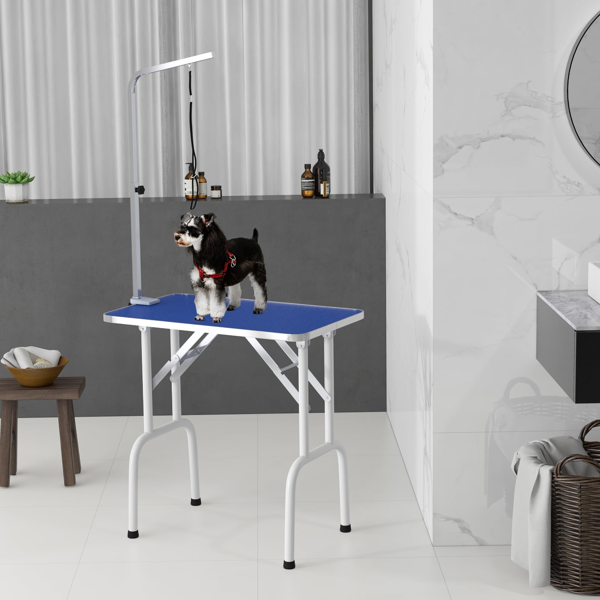 PawHut Mesa de Peluquería Canina Plegable, Mesa de Aseo con Encimera Antideslizante, Brazo de Acero Inoxidable Ajustable, para Perros, Gatos, 81x48,5x80 cm, Azul
