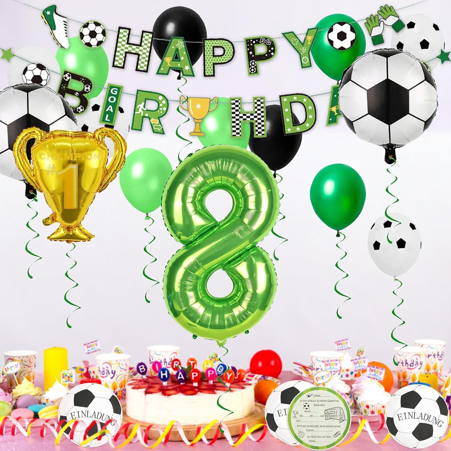 Fußball-Luftballons Zum 8. Geburtstag – Mit Trophäe, Riesenzahl 8 & Deko-Set