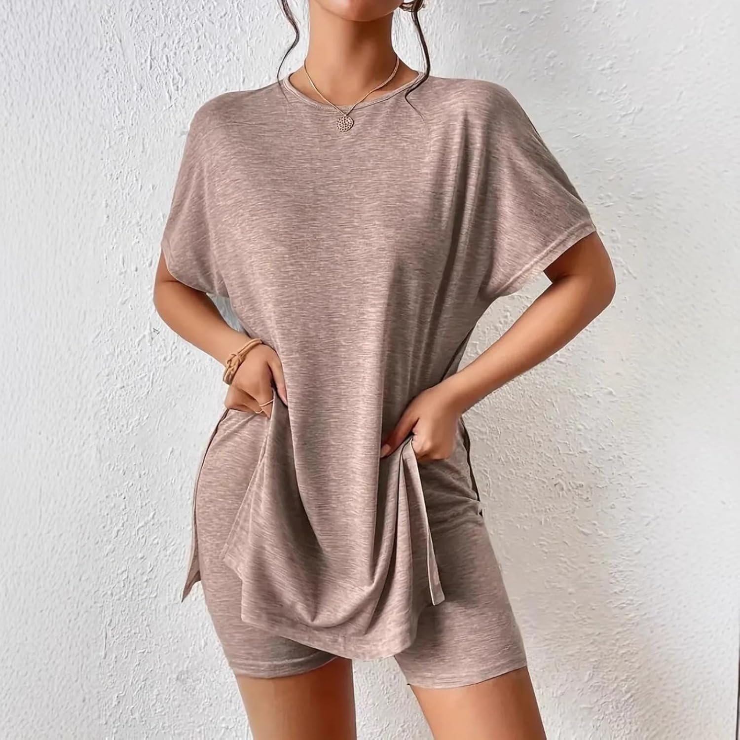 Women's Casual Two-Piece T-Shirt and Shorts Set Short Sleeve Crewneck Summer Outfit