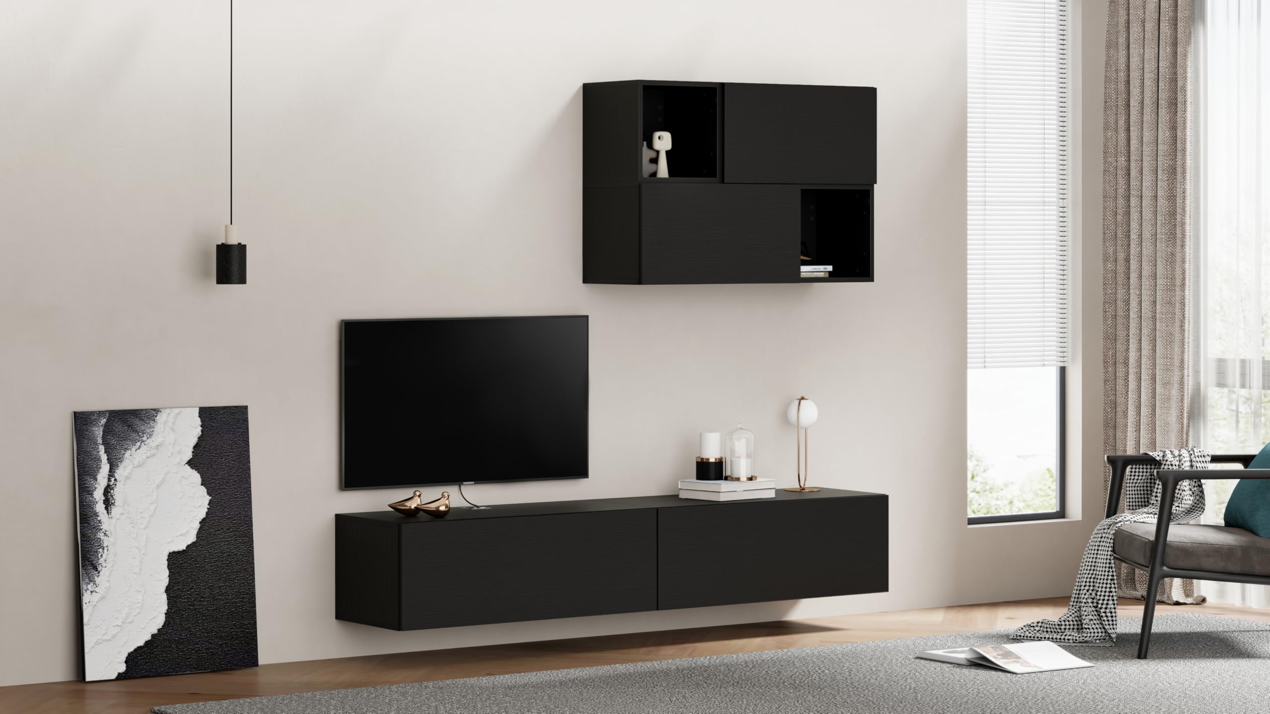 Mobili Fiver, Pensile Easy 70 Con Anta a Ribalta, Nero Frassino, Nobilitato, Pensile per Ingresso, Soggiorno, Ufficio, Made in Italy