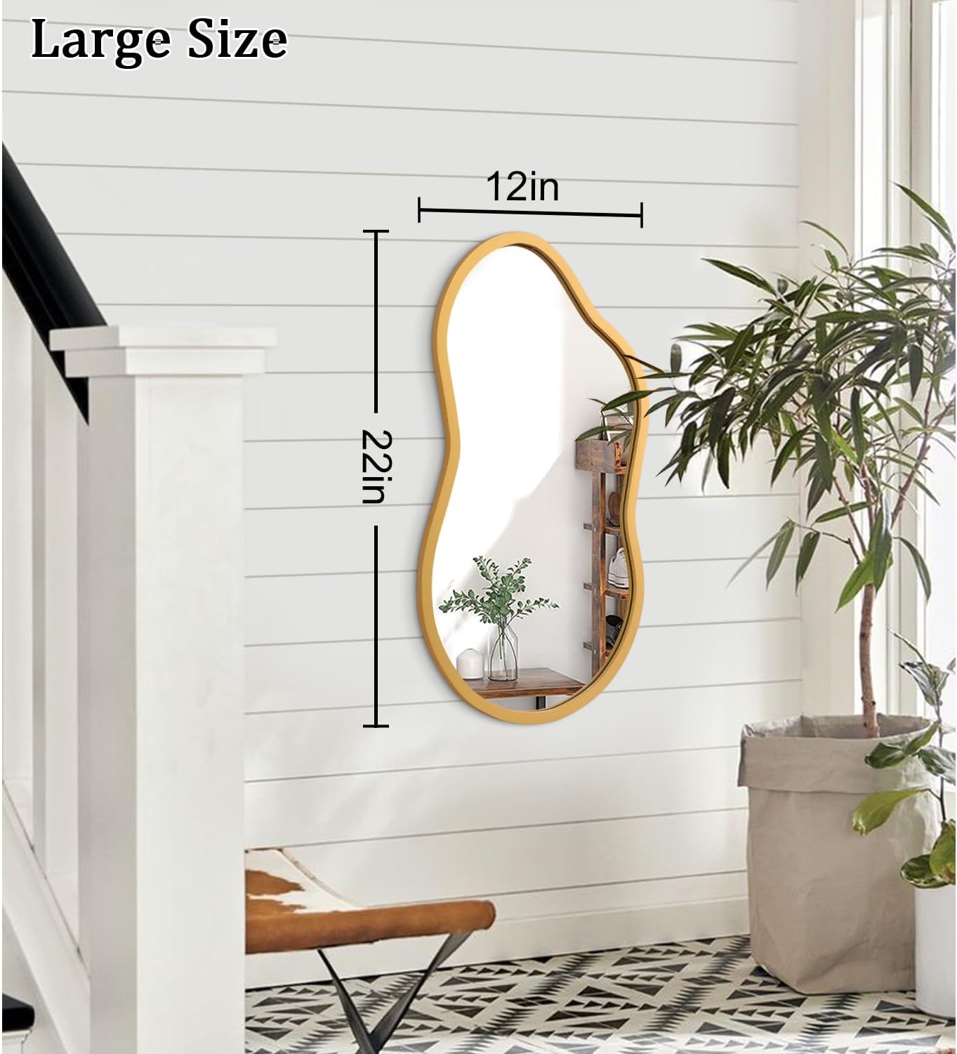 aazzkang large wall mirror with wood framed 22"x12" gold irregular hanging mirrors asymmetrical for bathroom bedroom living room entryway 22"l x 12"w gold