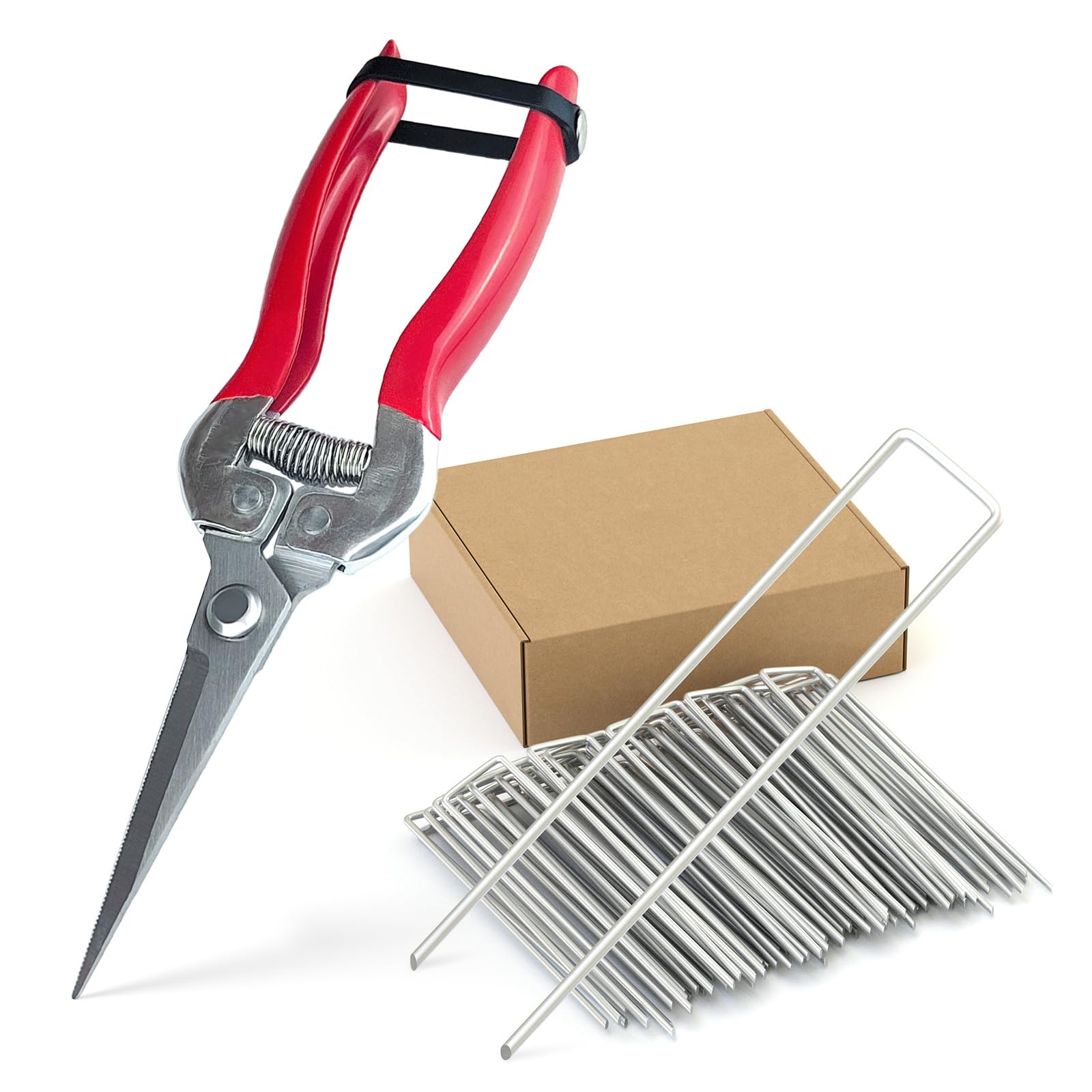 Sécateur de jardinage et piquets pour fixer le gazon synthétique