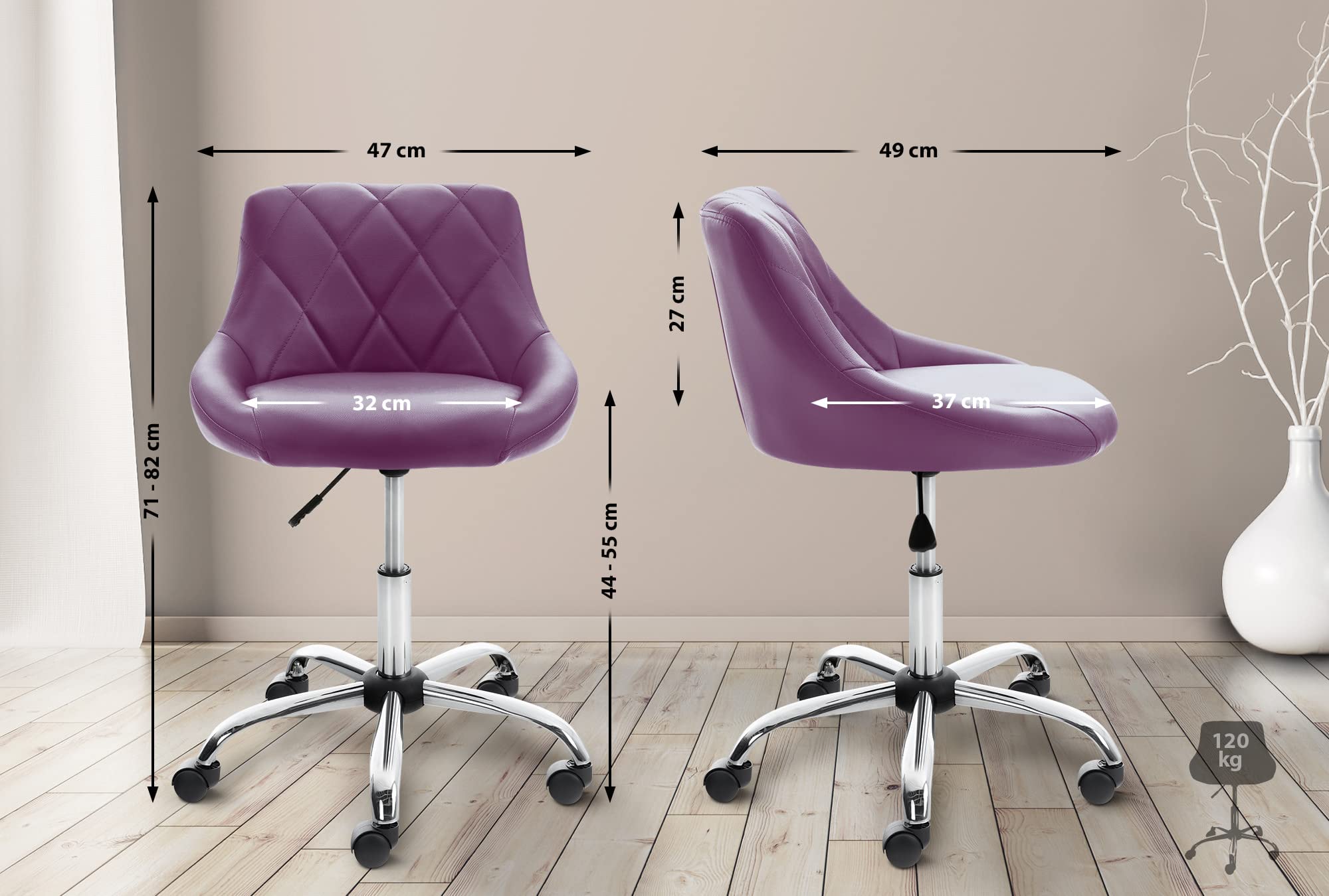 CLP Taburete De Trabajo Lazio con Ruedas En Simil Cuero o Tela I Silla De Oficina Regulable En Altura & Giratoria, Color:Violeta, Material:Cuero Sintetico