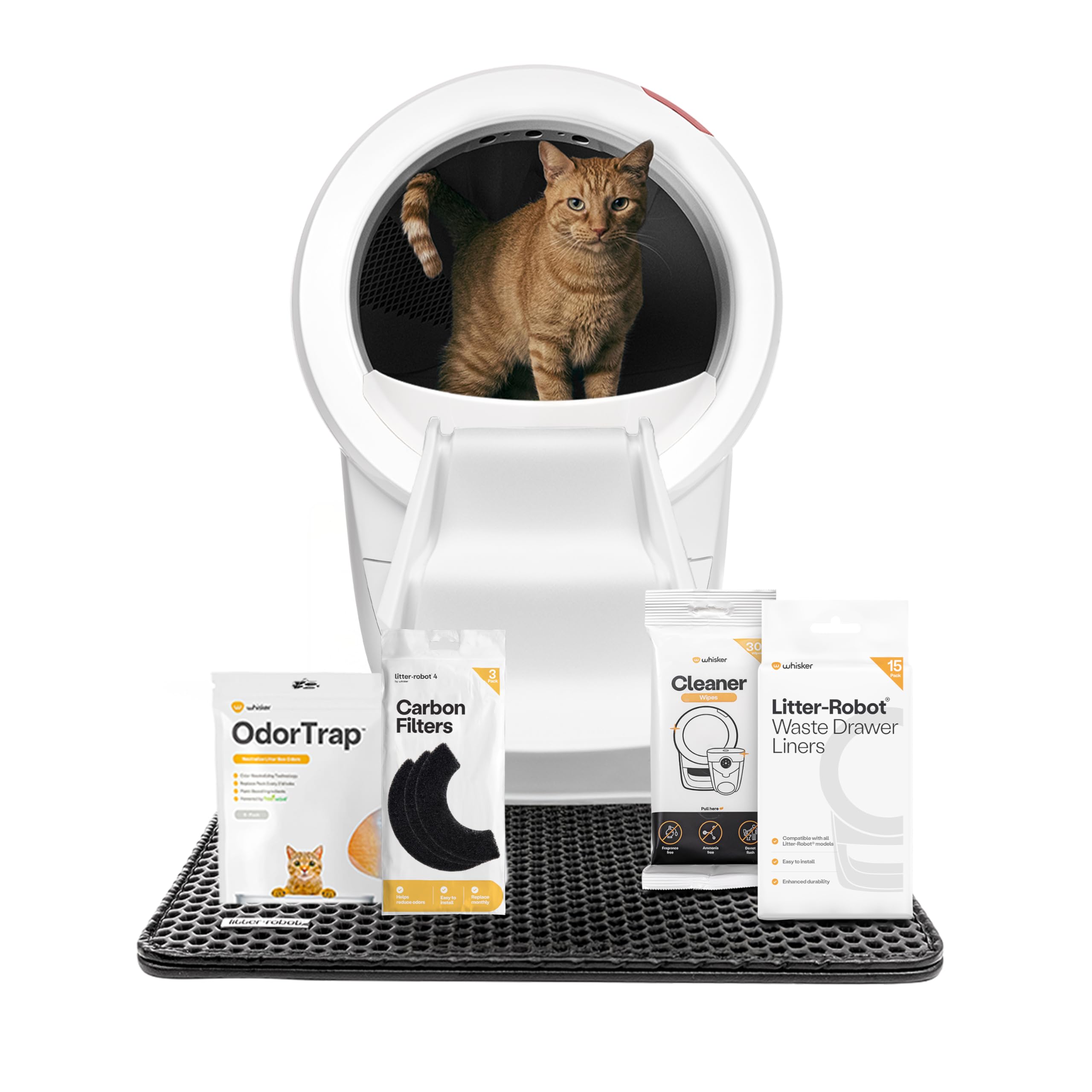 Litter-Robot 4 Supply & Accessory Bundle by Whisker, White- Automatic Self-Cleaning Cat Litter Box, Includes Litter-Robot 4, Ramp, Mat, 3 OdorTrap Packs, 10 Liners, 30 Wipes, & 2 Carbon Filters