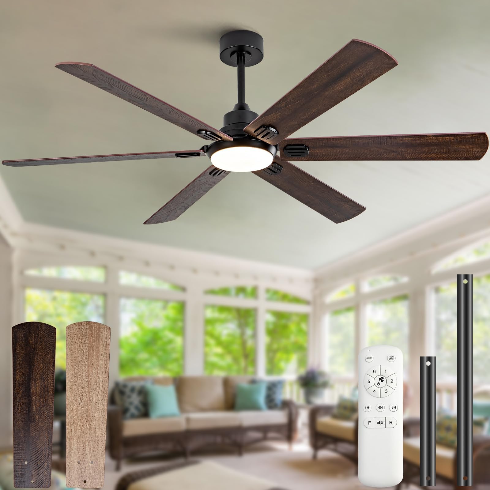 BOOMJOY 60 Inch Black Outdoor Ceiling Fans with Lights and Remote, Dimmable 6 Blade Large Outdoor Ceiling Fans for Patios, Indoor Ceiling Fan with Light for Bedroom Living Room