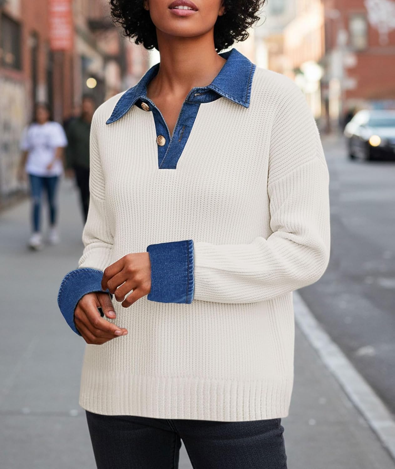 Women’s Sweaters Long Sleeve Denim Lapel V Neck Buttons Closure Pullover Tops Casual Winter Polo Sweater - Image 4