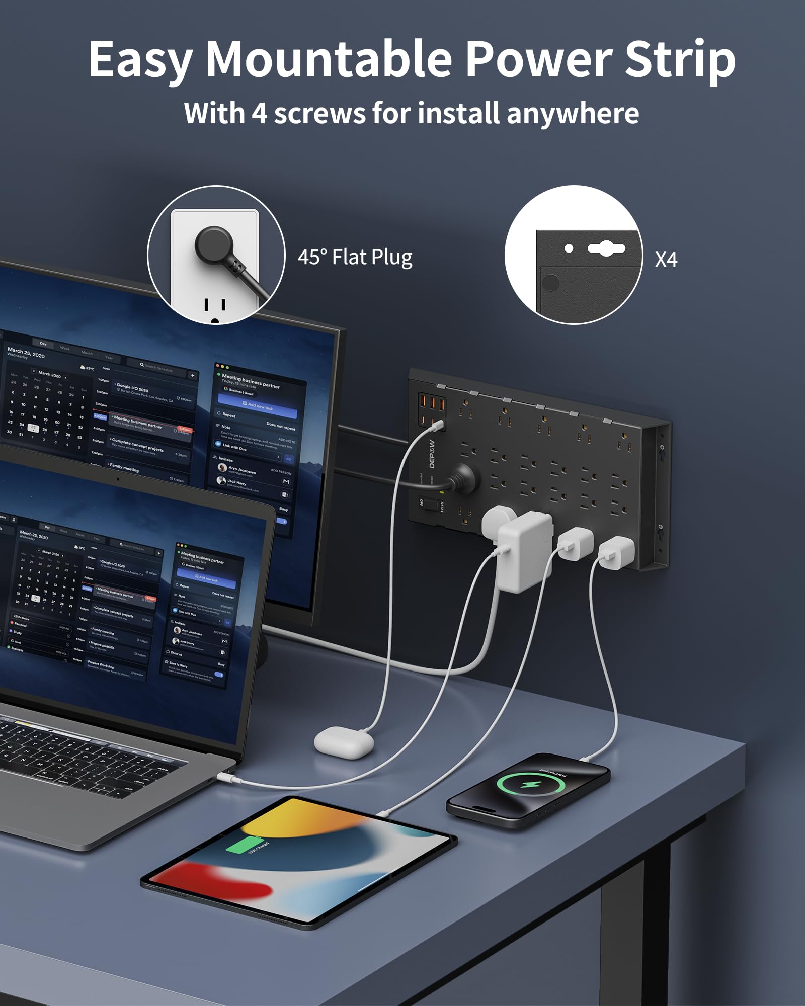 DEPOW Regleta protectora contra sobretensiones, cable de extensión de enchufe plano de 6.5 pies de largo con 22 salidas de CA (1875 W/15 A), 6 USB (3 puertos USB-C), protección contra sobretensiones
