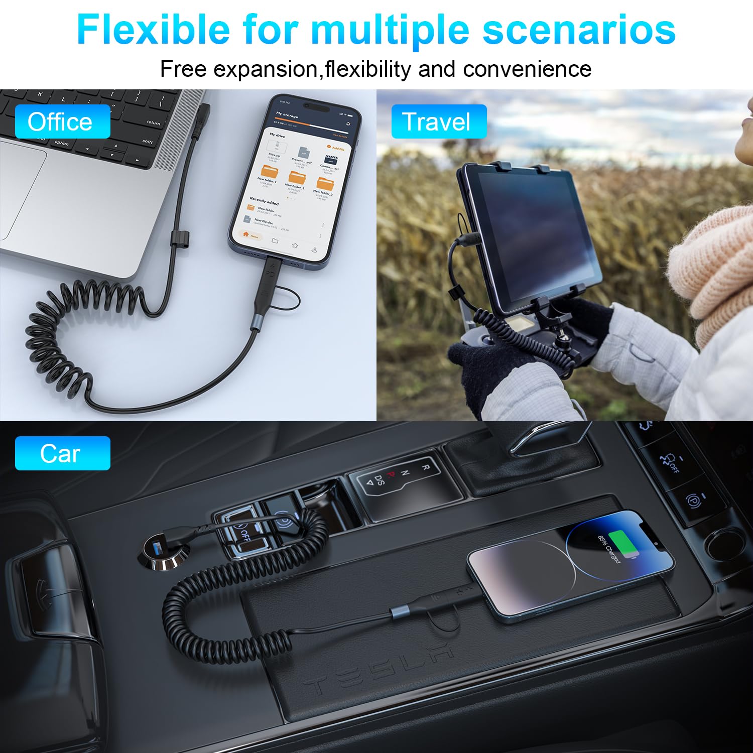Cavo USB C a Spirale, [1,8M] Cavo USB C da 60W per Carica Dati 2 in 1 ad Angolo Retto CarPlay, Compatibile Android Auto, Tesla Model Y/3/X/S, iPhone 16/15/14/13 Pro Plus Max, Galaxy, Google, Tablet