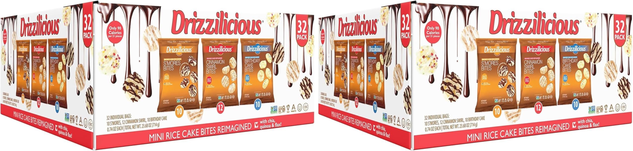 Drizzilicious Variety Pack .74oz 32 count | S'mores, Cinnamon Swirl and Birthday Cake | Mini Snack Chocolatey Rice Cakes | Vegan Air Popped Chia, Quinoa, Flax Snack … (Pack of 2)
