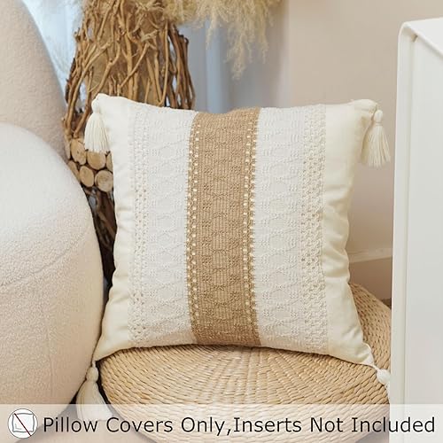 Miniatura 2 de Juego de 2 fundas de almohada bohemias de 18 x 18 pulgadas, fundas de almohada neutras de color beige y marrón con borlas texturizadas a rayas,