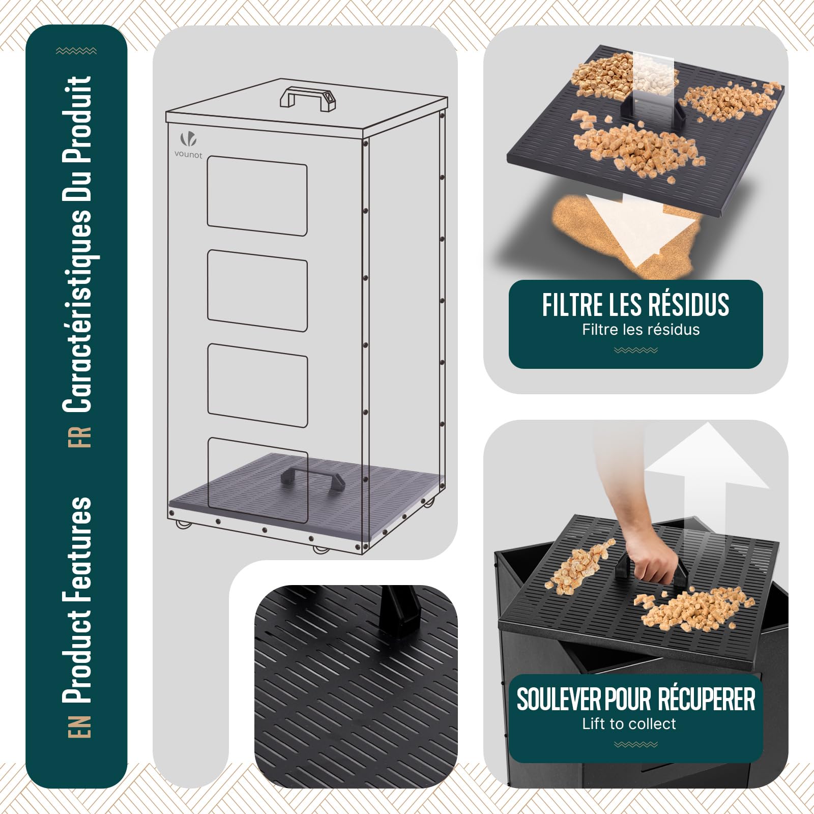VOUNOT® Porta Pellet da Interno in Metallo con Ruote da 45 kg, Contenitore Pellet con Setaccio Rimovibile e 4 Indicatori Trasparenti di Livello, Scatola per Stufa a Pellet, 36×36×76 cm, Nero
