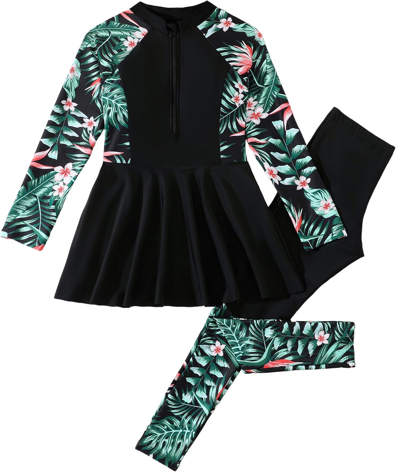 IMEKIS Girls Rash Guard Swimsuit Tropical Long Sleeve Swim Top with Pants 2 Piece UV Protective Bathing Suit Swimwear 8-12T