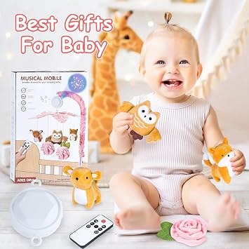 Baby Crib Mobile with Music and Lights, Mobile for Crib with Remote Control, Rotation, Starlight Projection, Crib Toys for Babies Boys Girls(Pink)