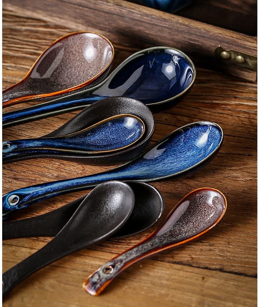 Tea spoons Large Soup Spoon Ceramic Spoon Long-handled Spoon Under Glaze Cake Dessert Spoon Suitable for Home Use Two-piece Ice tea spoons (Color : Green)