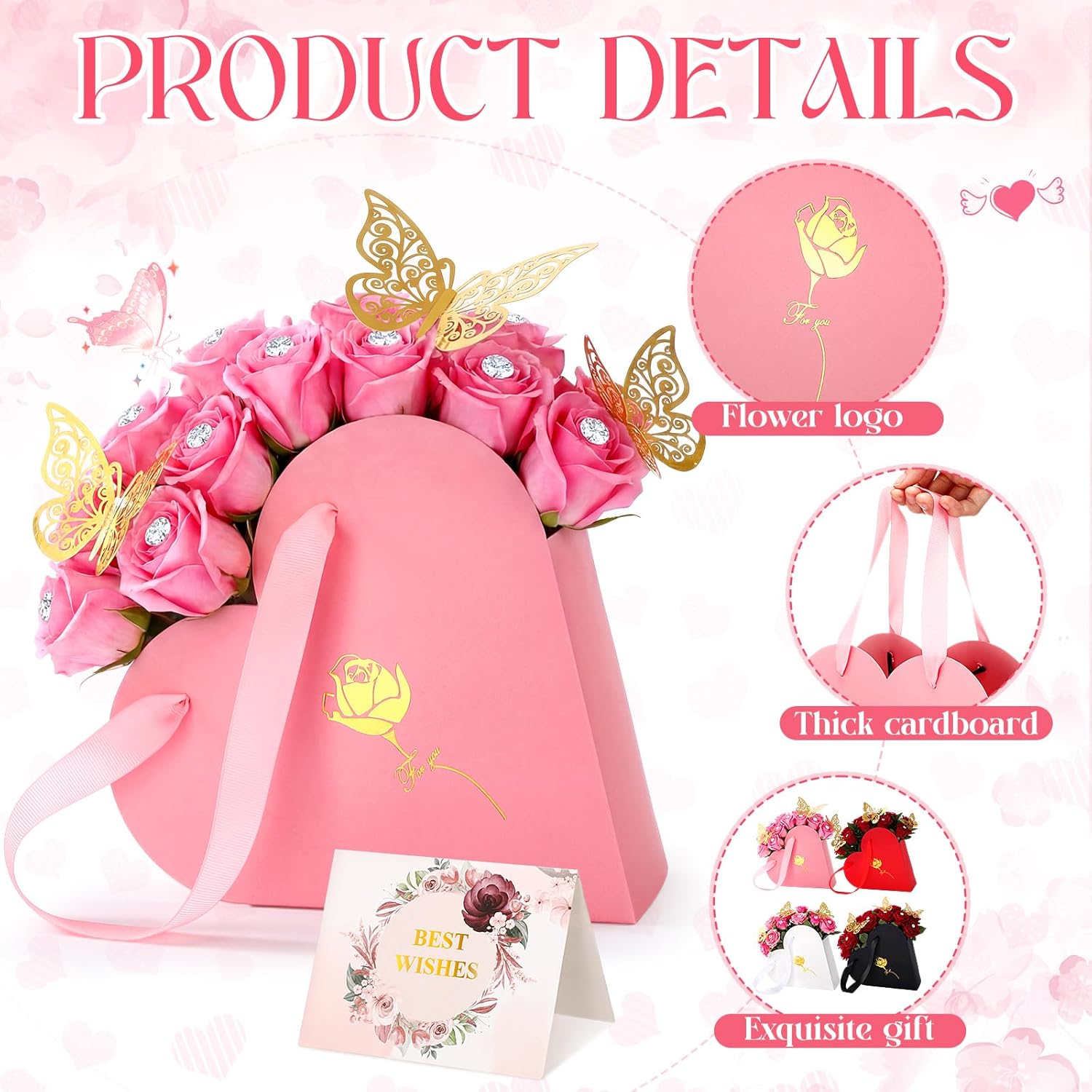 Fullhawl 24 Sets Valentine's Day Heart Shaped Flower Boxes, Bouquet Storage Bucket Floral Box with 72 Gold Butterflies 100 Pins and 24 Cards for Wedding Arrangements Florist(Multicolor) - Image 3