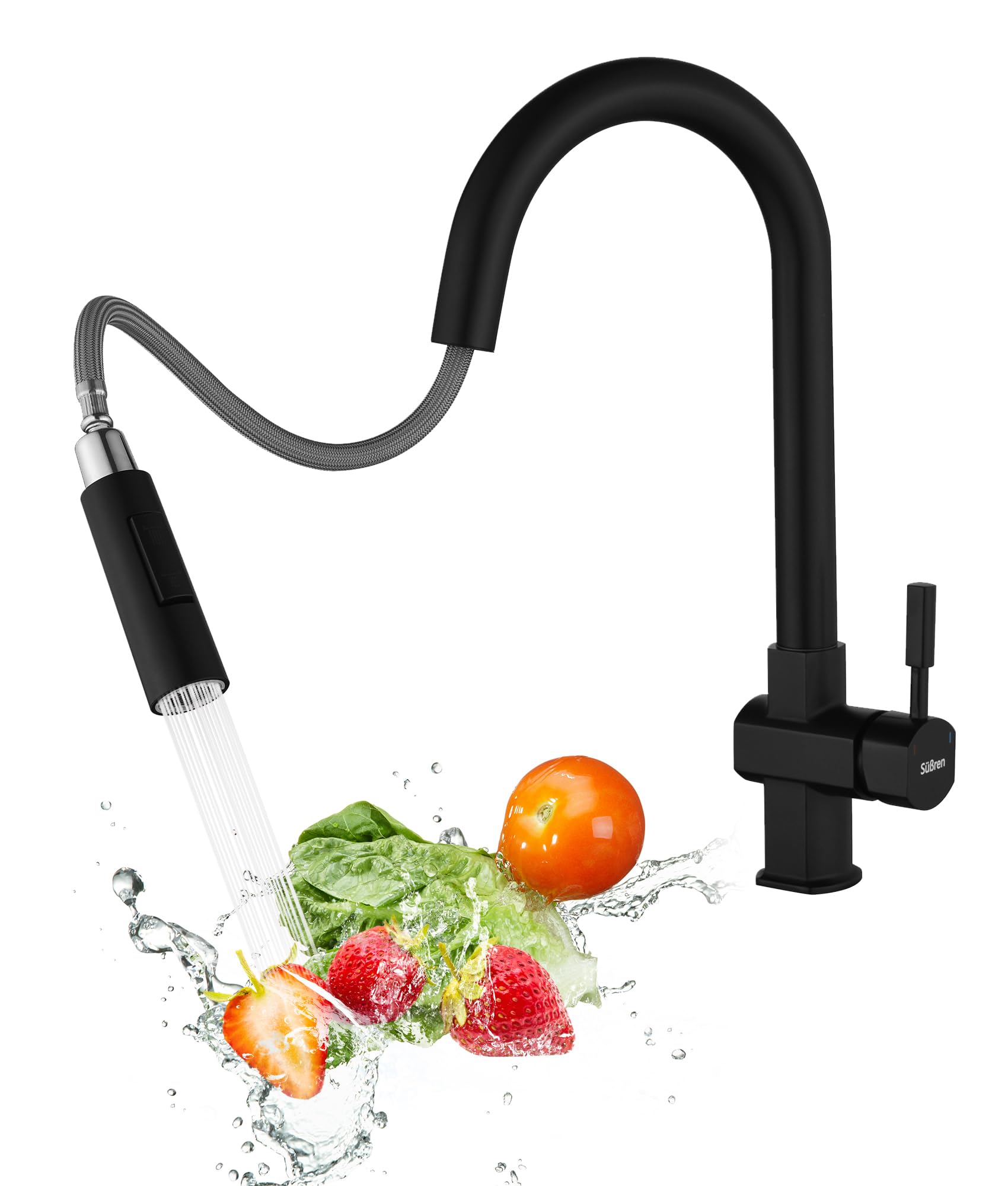 Süßren Wasserhahn Küche Schwarz,Hochdruck Küchenarmatur mit Ausziehbar Brause,Armatur Küche 360° Drehbar,Spültischarmatur Zwei Wasserstrahlarten, Edelstahl Mischbatterie Küche