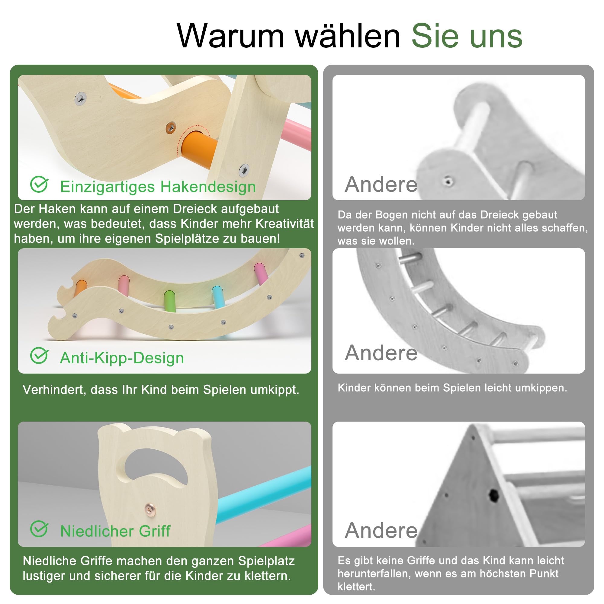 Klettergerüst Indoor Montessori Spielzeug ab 1.5 2 3 4 + Jahr, Upgrade 7-in-1 Kletterdreieck mit Rutsche, Kletterbogen, Kissen, Kletterwand, Geschenk Kinder Junge Mädchen, Regenbogen
