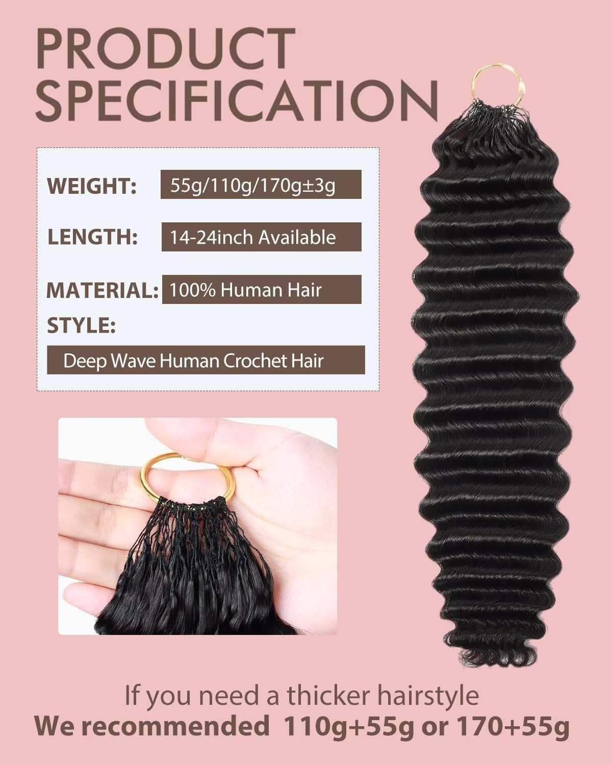 Human Crochet Hair for Black Women, 18 Inch Feather Human Hair Crochet Extensions 55g 40 Strands, Miracle Knots Hair Bundles, Soft Lightweight Deep Wave Texture for Protective Styles