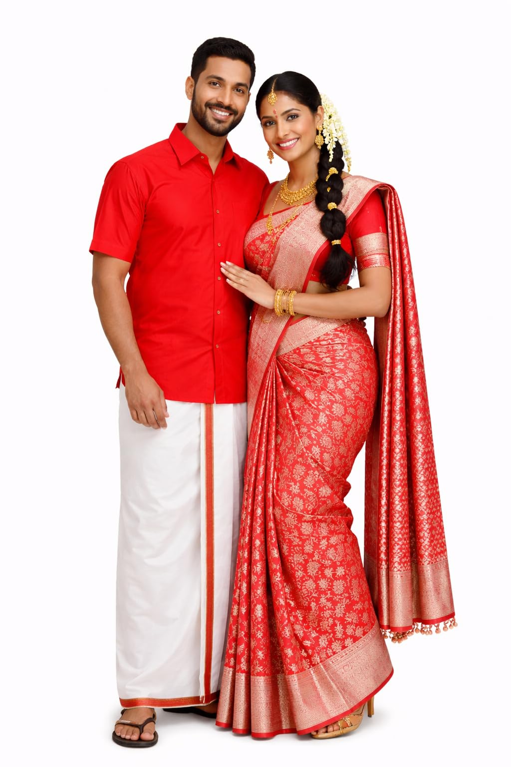 Traditional Couple Matching Dress Set for Men & Women | Royal Red Soft samuthirika Silk Saree with Silver Zari | Red Shirt & White Dhoti Combo-image-38