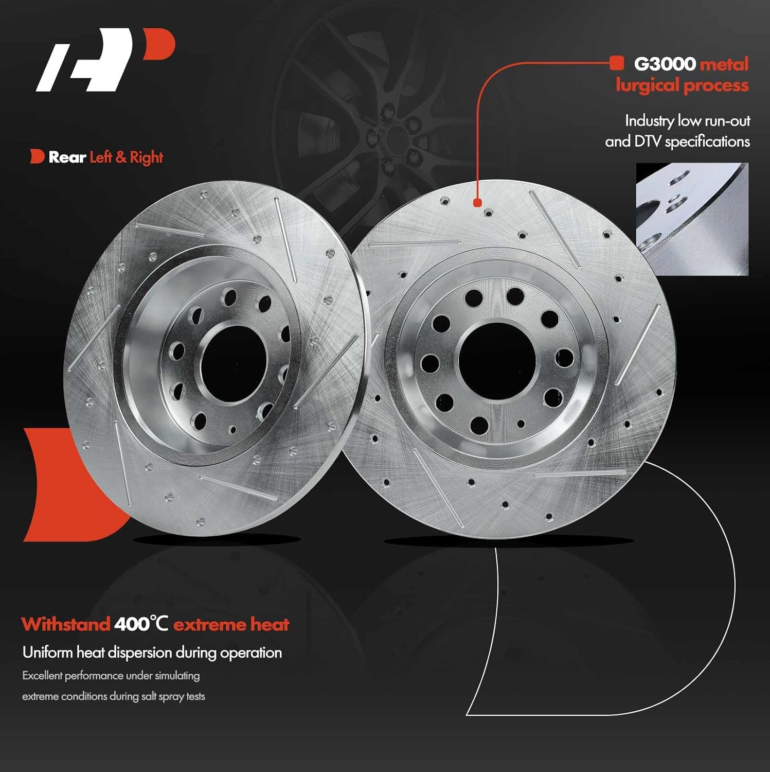 A-Premium 11.25 inch (285.80mm) Rear Drilled and Slotted Disc Brake Rotors + Ceramic Pads Kit Compatible with Select Volkswagen and Audi Models - Jetta, Passat, Tiguan, Eos, GTI, A3 Quattro, 6-PC Set