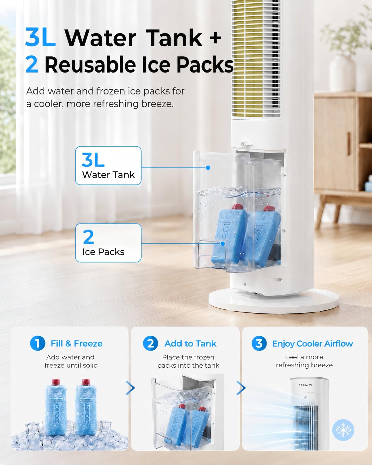 LEENON 3en1 Rafraichisseur d'Air Silencieux, 38" Colonne Ventilateur avec Télécommande & Réservoir 3L, 3 Vitesses/Modes, Minuterie 12H, Oscillation, Ventilateur Eau Froide Maison
