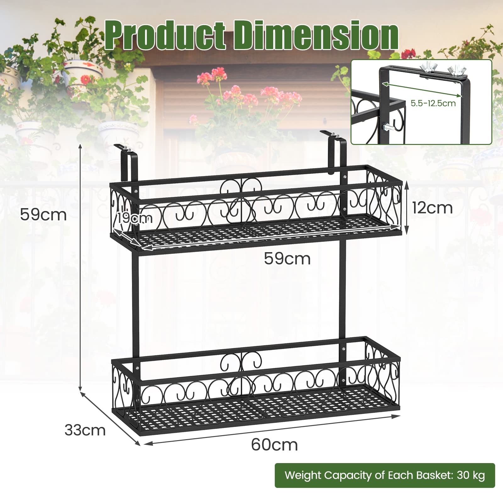 FANTASK 2-stöckiges Blumenregal Balkon, 60 x 33 x 59 cm, Blumentopfhalter Metall mit verstellbaren Haken, Hängeregal, Topfpflanzenbehälter für Garten Balkon Terrasse (Schwarz)