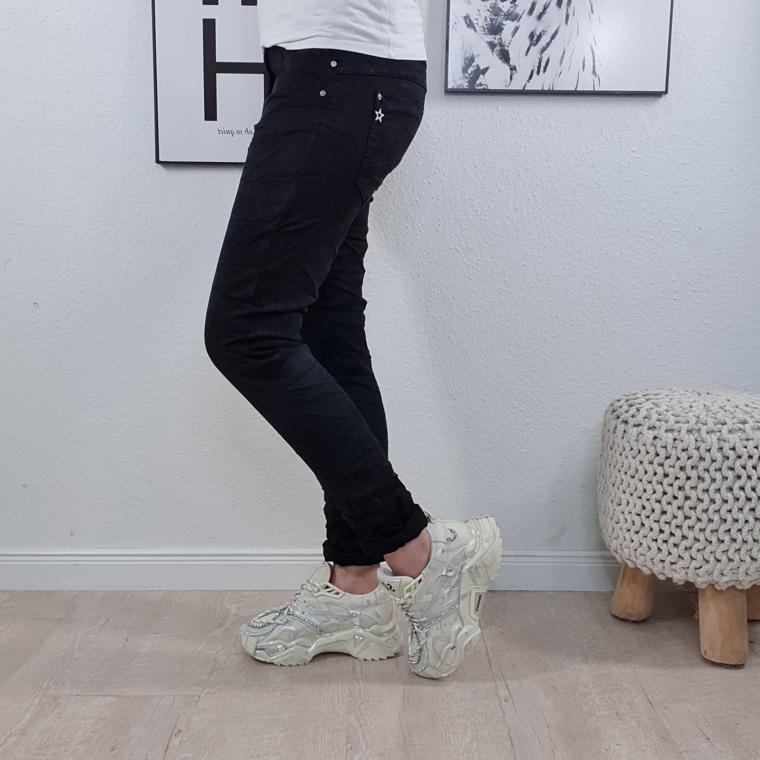 Karostar Damen Stretch Twill Jeans| Slim Boyfriend Style| Zipper und Knopf| 5- Pocket Basic Hose