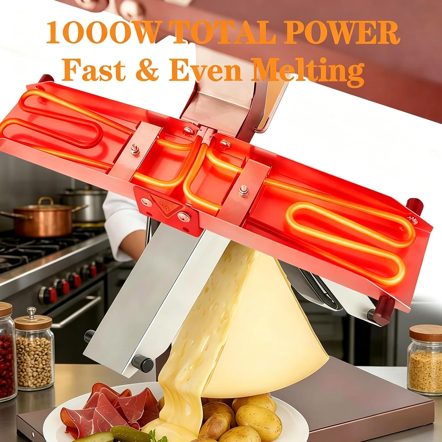 Fundidor Eléctrico de Queso para Raclette – Calentador Comercial de Queso Semicircular de 1000W con Control de Altura y ángulo de Fusión Ajustables, Parrilla de Acero Inoxidable