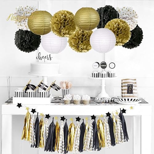 Miniatura 2 de NICROLANDEE Decoraciones de fiesta de oro negro – 28 pompones de papel de seda negro dorado para colgar faroles de papel colgantes con borlas para