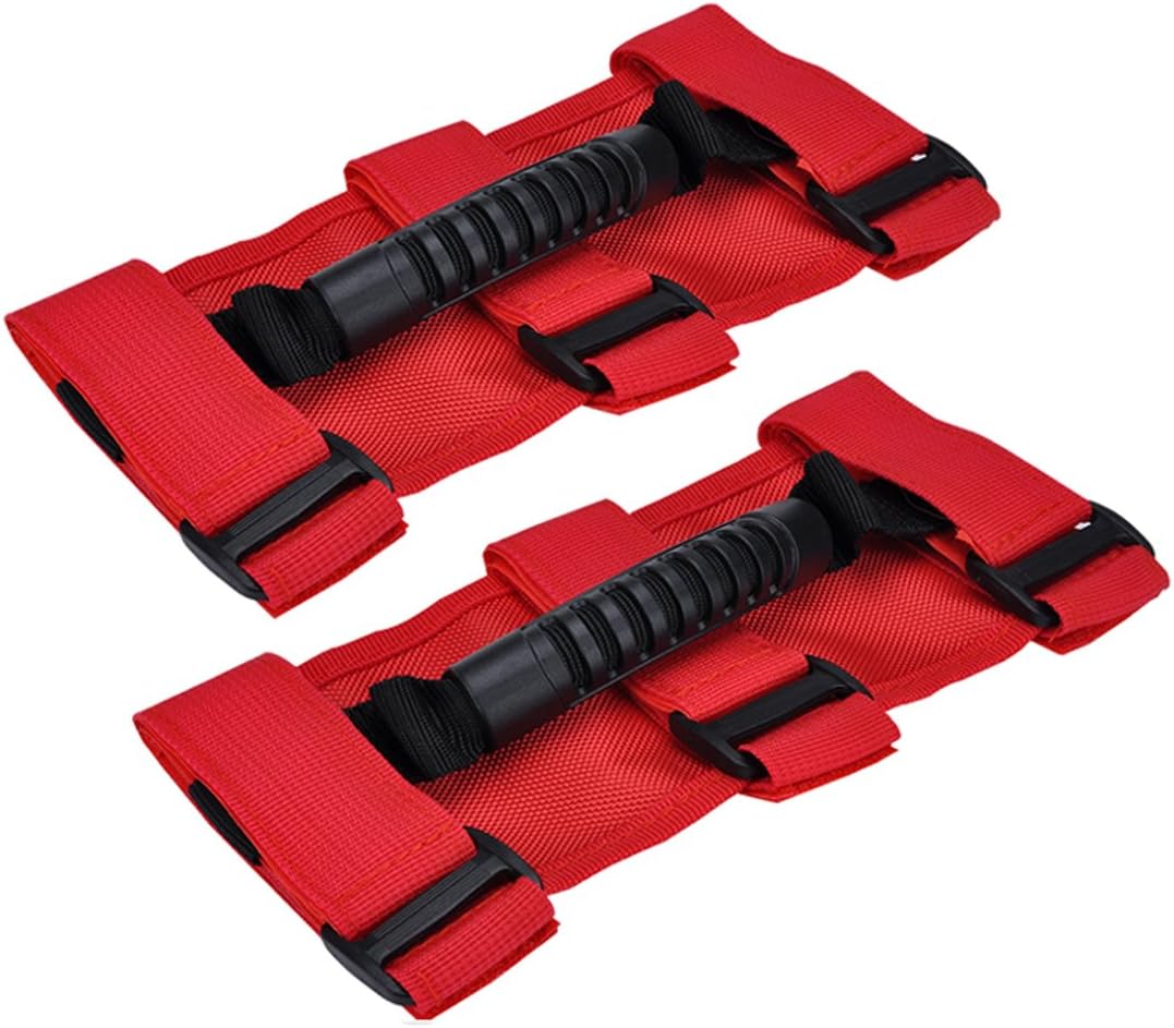 moveland Grab Handles Compatible with Jeep Wrangler Roll Bars (2 Pack), Easy-to-Fit 3 Straps Design for 1987-2023 Models (RED)