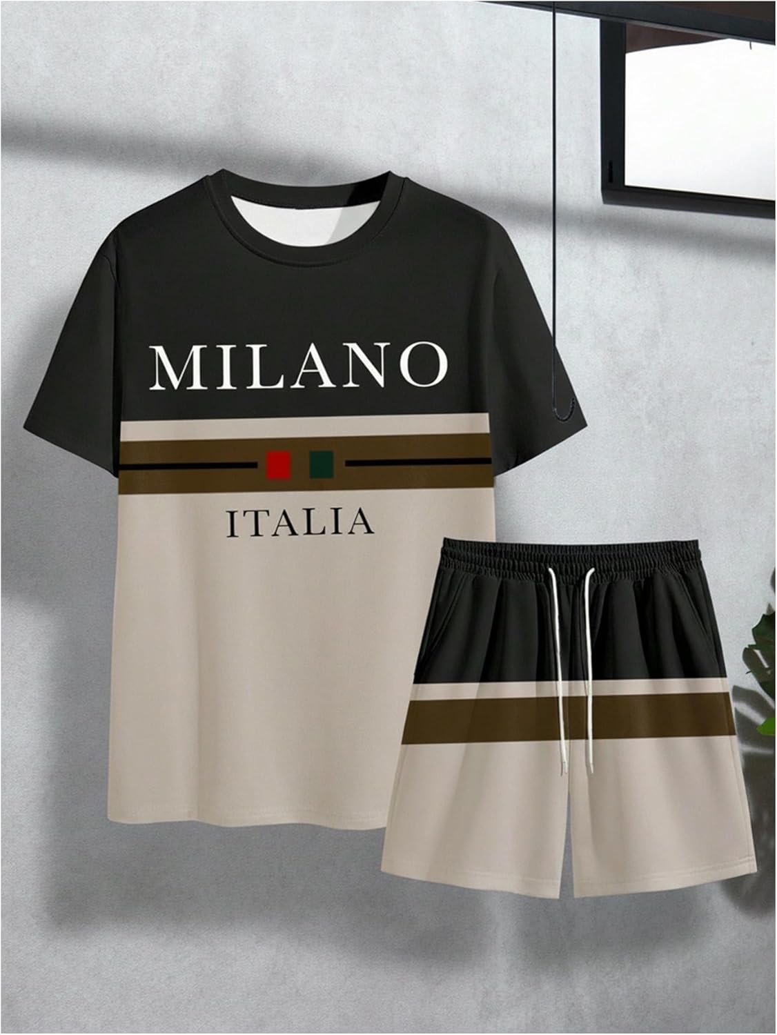 WDIRARA Men's 2 Piece Outfits Anchor Print Striped Tracksuits Short Sleeve T Shirt and Drawstring Shorts Sets