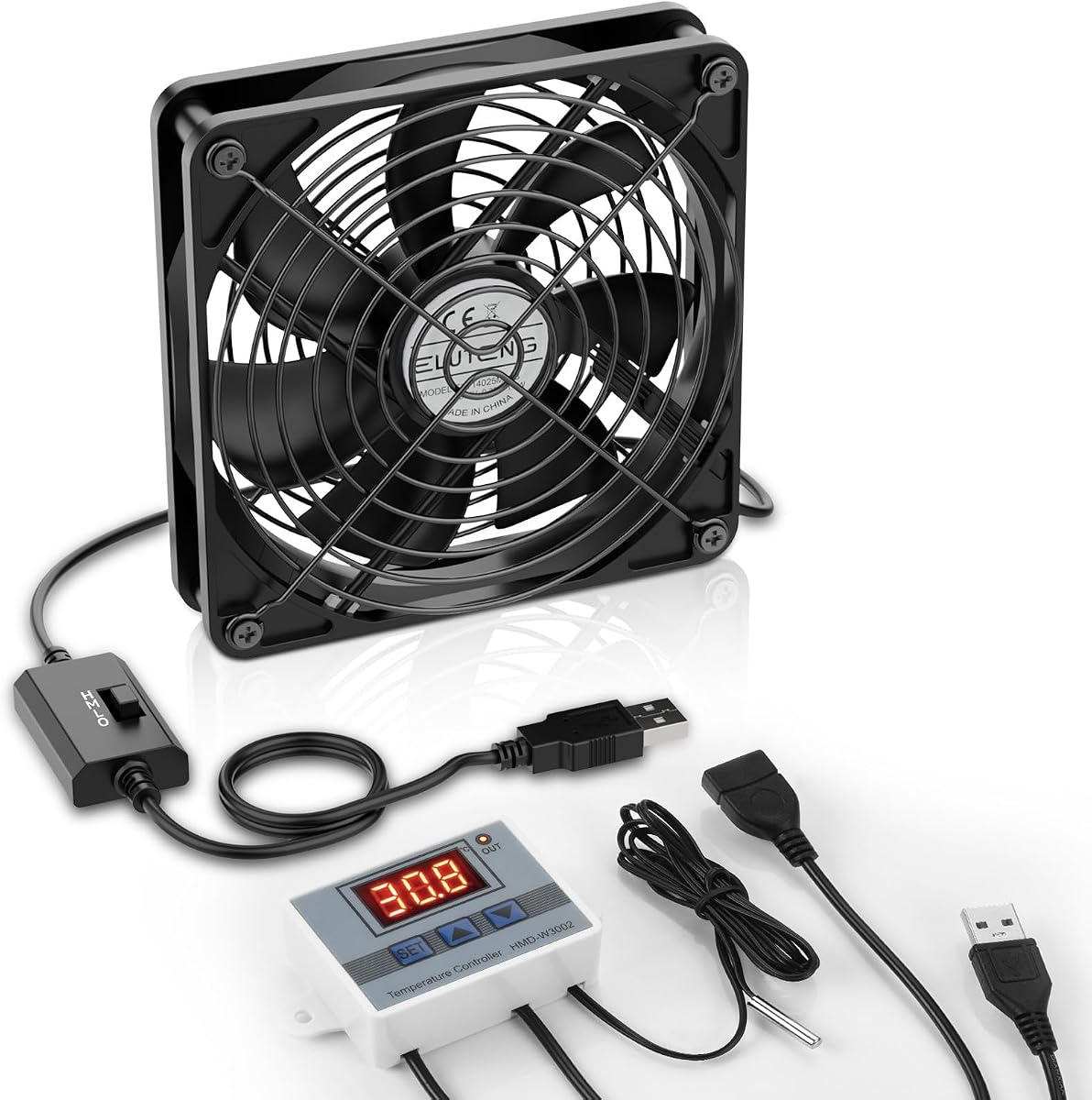 ELUTENG USB Fan 140mm with Digital Temperature Controller, 5V USB Powered PC Computer Fan 1500RPM 3 Adjustable Speeds Electronic Cooling Lufter with Metal Grill for Laptop/TV Box/AV Cabinet/PS5/Router