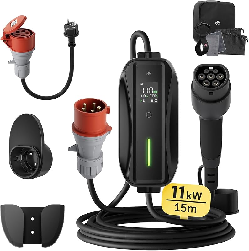 dé 11 kW Wallbox Töltőállomás 3-Fázis 16A CEE Type 2 Kábellel Elektromos Autóhoz - 5.5m Standard, CEE 11kW