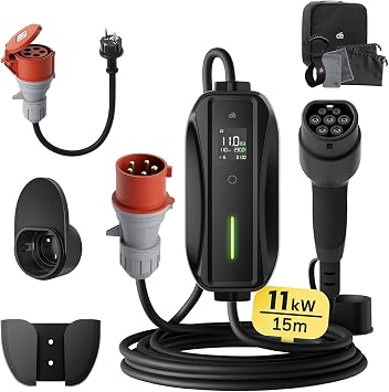 d  Mobile Wallbox 11kW [3-phasig15m6-16A] mit Einstellbarer Ladeleistung Ladekabel f r Auto CEE 16A 400V auf Typ 2 Ladekabel RCD Type A 30mA AC + 6mA DC IP66 EV-Charger f r BEV/PHEV